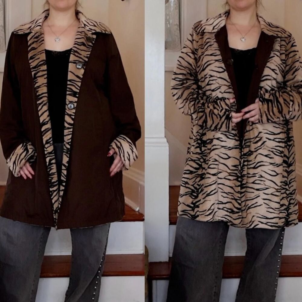 Reversible Dennis Basso Brown Tiger Coat Sz Medium Animal Coat Double Sided